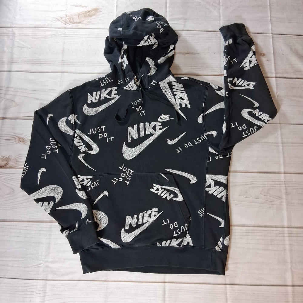 Nike Just Do It Allover Print Pullover Hoodie Mens Small Black White Fleece